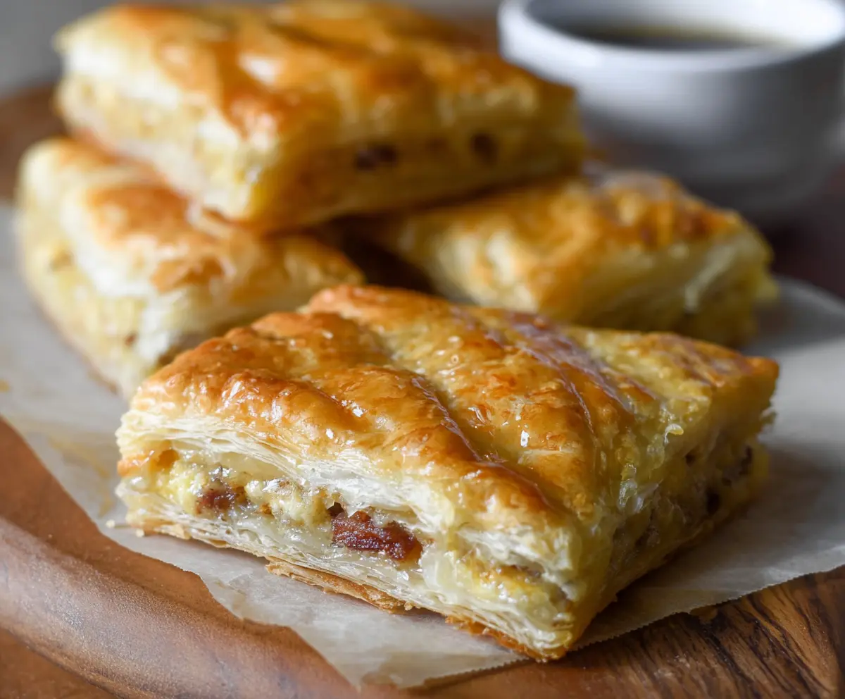 Delicious breakfast stuffed puff pastry bars filled with cheese and savory ingredients