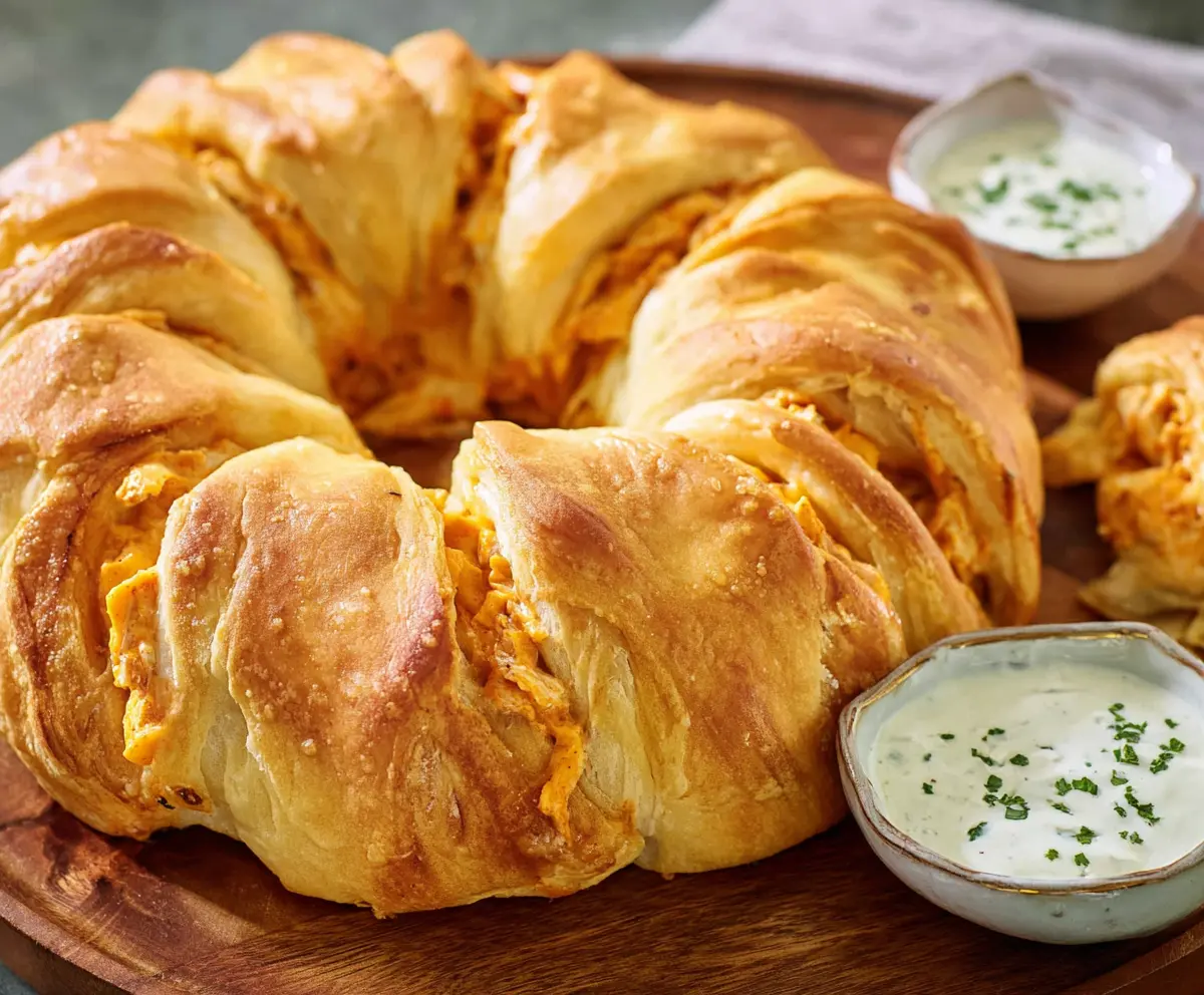 Delicious Buffalo Chicken Crescent Roll Ring served hot, garnished with fresh parsley.
