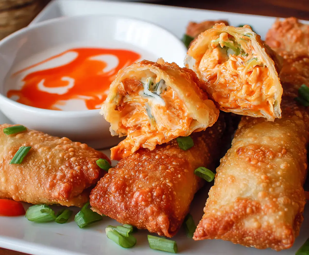Crispy Buffalo chicken egg rolls with blue cheese dipping sauce on a white plate for a savory appetizer.