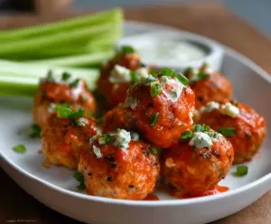 Delicious buffalo chicken meatballs served with a side of celery and blue cheese dressing.