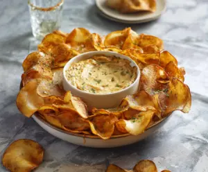 Crispy Buffalo Chips served with a spicy Louisiana Hot Dip for dipping.