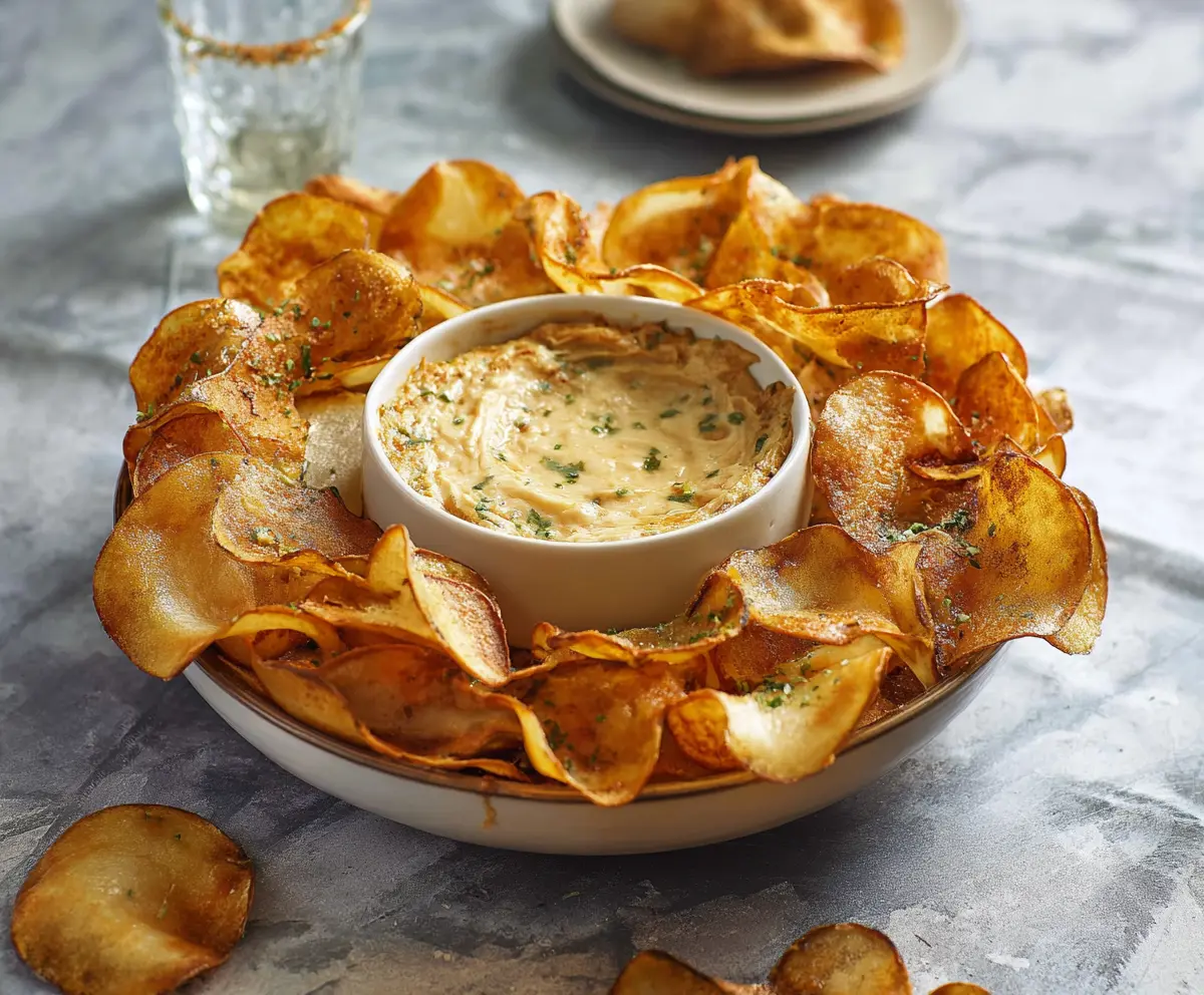 Crispy Buffalo Chips served with a spicy Louisiana Hot Dip for dipping.