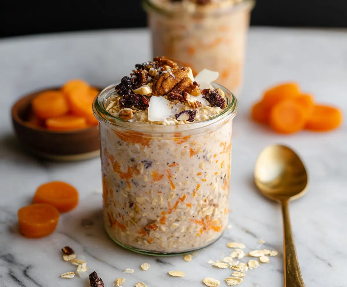 Creamy carrot cake overnight oats topped with shredded carrots and walnuts in a glass jar.