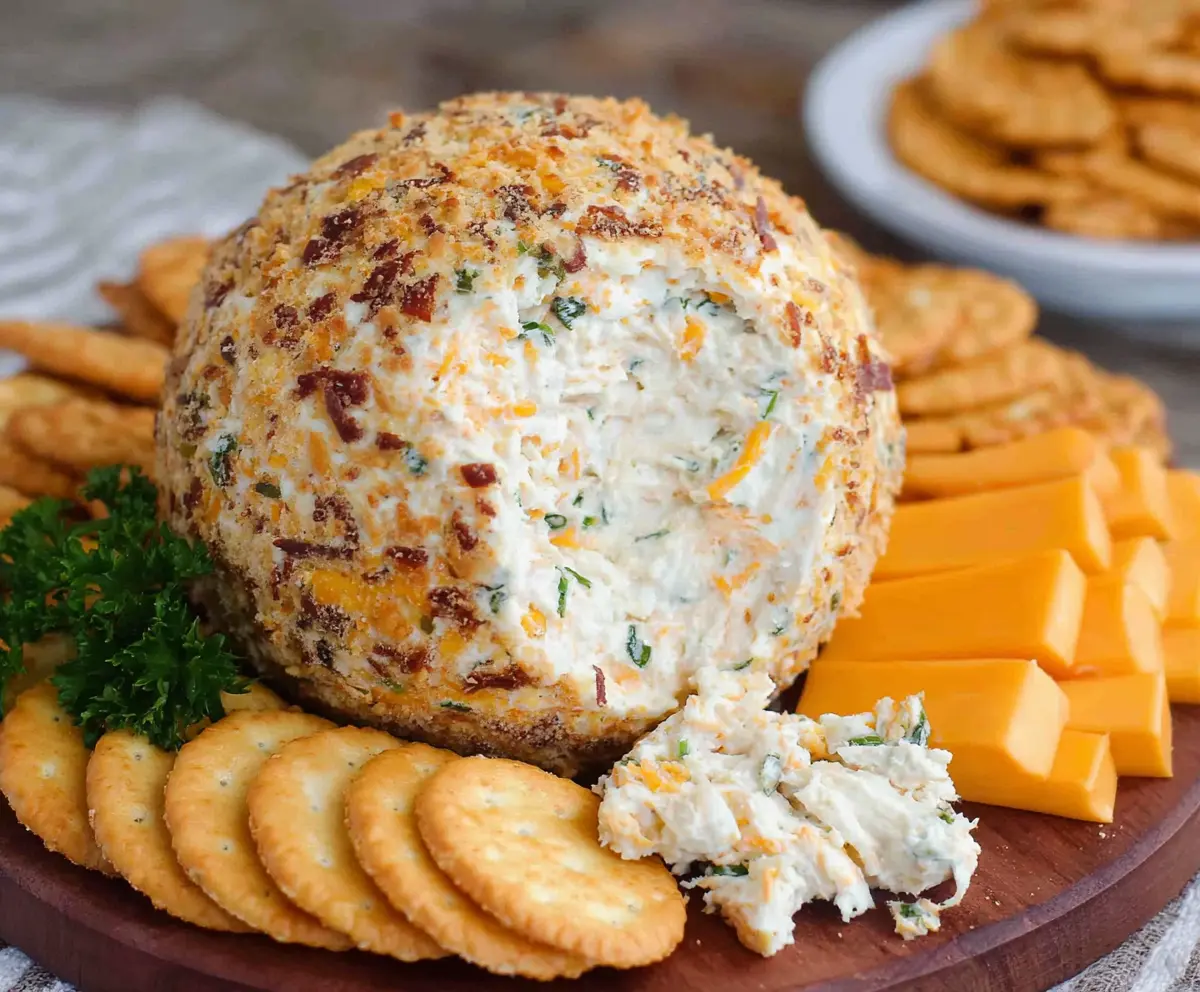 Creamy Cheddar Ranch Cheeseball on a platter, perfect for parties and snacks.