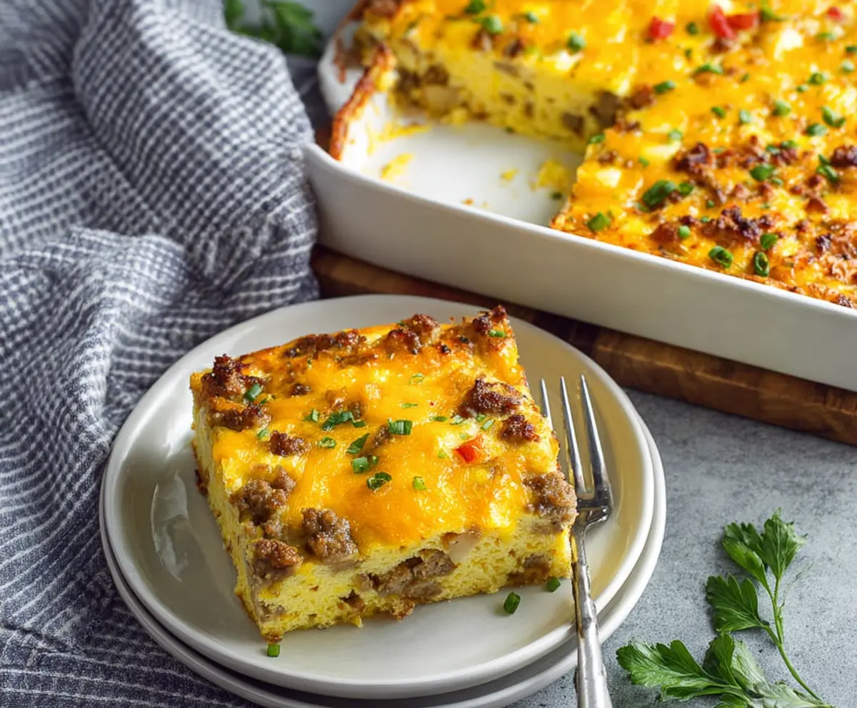 Delicious cheesy sausage breakfast casserole topped with melted cheese and crispy sausage pieces.