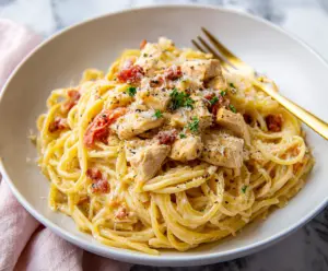 Delicious Chicken Carbonara Pasta with creamy sauce and crispy bacon garnish