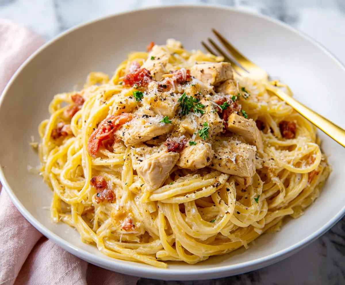 Delicious Chicken Carbonara Pasta with creamy sauce and crispy bacon garnish