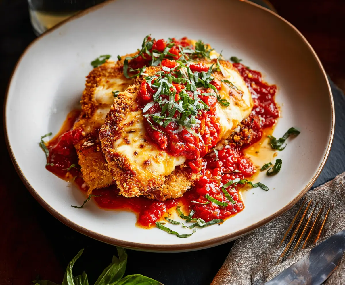 Delicious Chicken Parmesan with melted cheese and marinara sauce served on a plate.