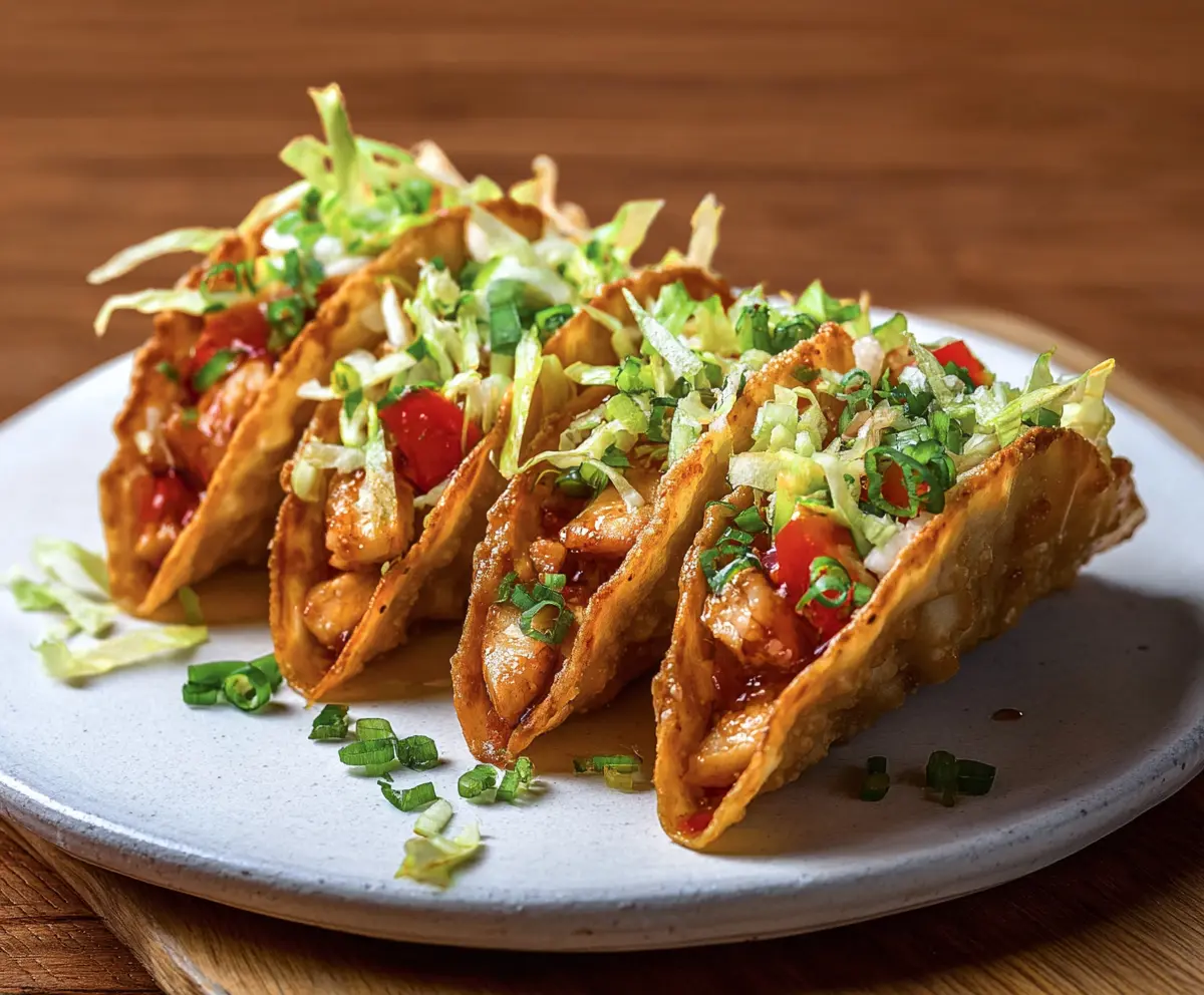 Delicious Chicken Wonton Tacos with fresh toppings and savory chicken filling