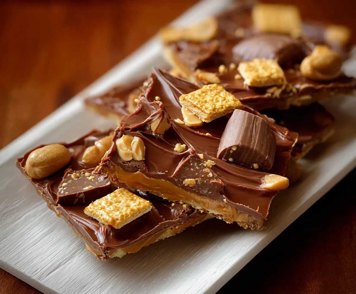 Delicious Chocolate Peanut Butter Cup Cracker Toffee dessert with rich chocolate and creamy peanut butter on a plate.