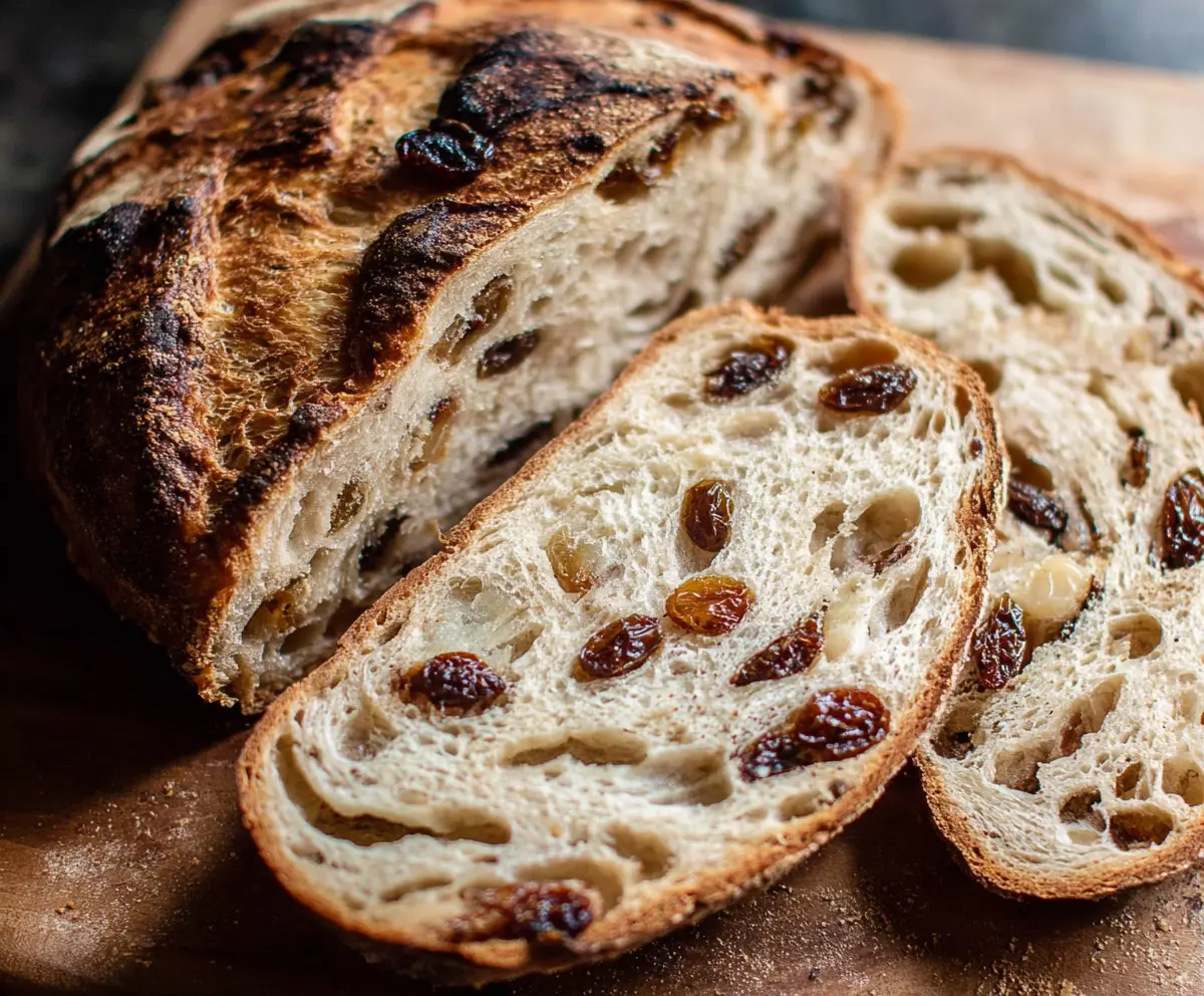 Homemade cinnamon raisin sourdough bread with a golden crust on a rustic wooden board.