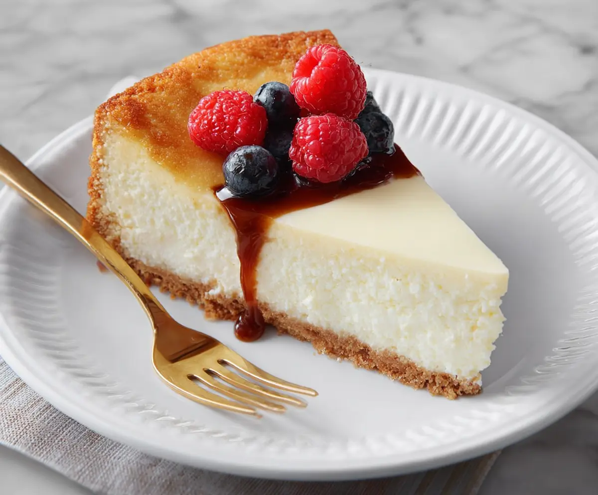 Creamy Cottage Cheese Cheesecake with a graham cracker crust, perfect for a light dessert.