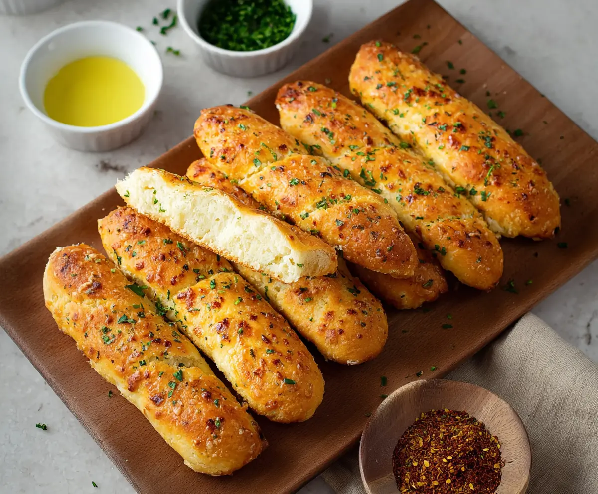 Delicious homemade cottage cheese garlic breadsticks on a plate, perfect for snack or appetizer.