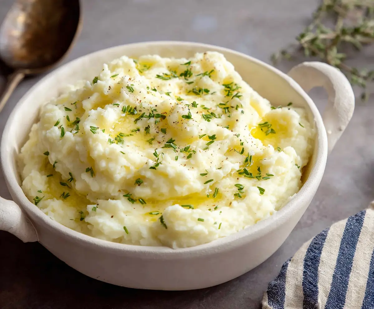 Creamy cottage cheese mashed potatoes garnished with fresh herbs, perfect for a healthy side dish.