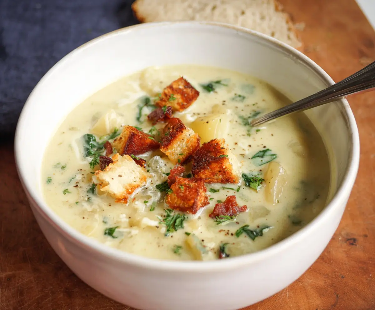 Creamy cottage cheese potato soup served in a bowl, garnished with herbs.