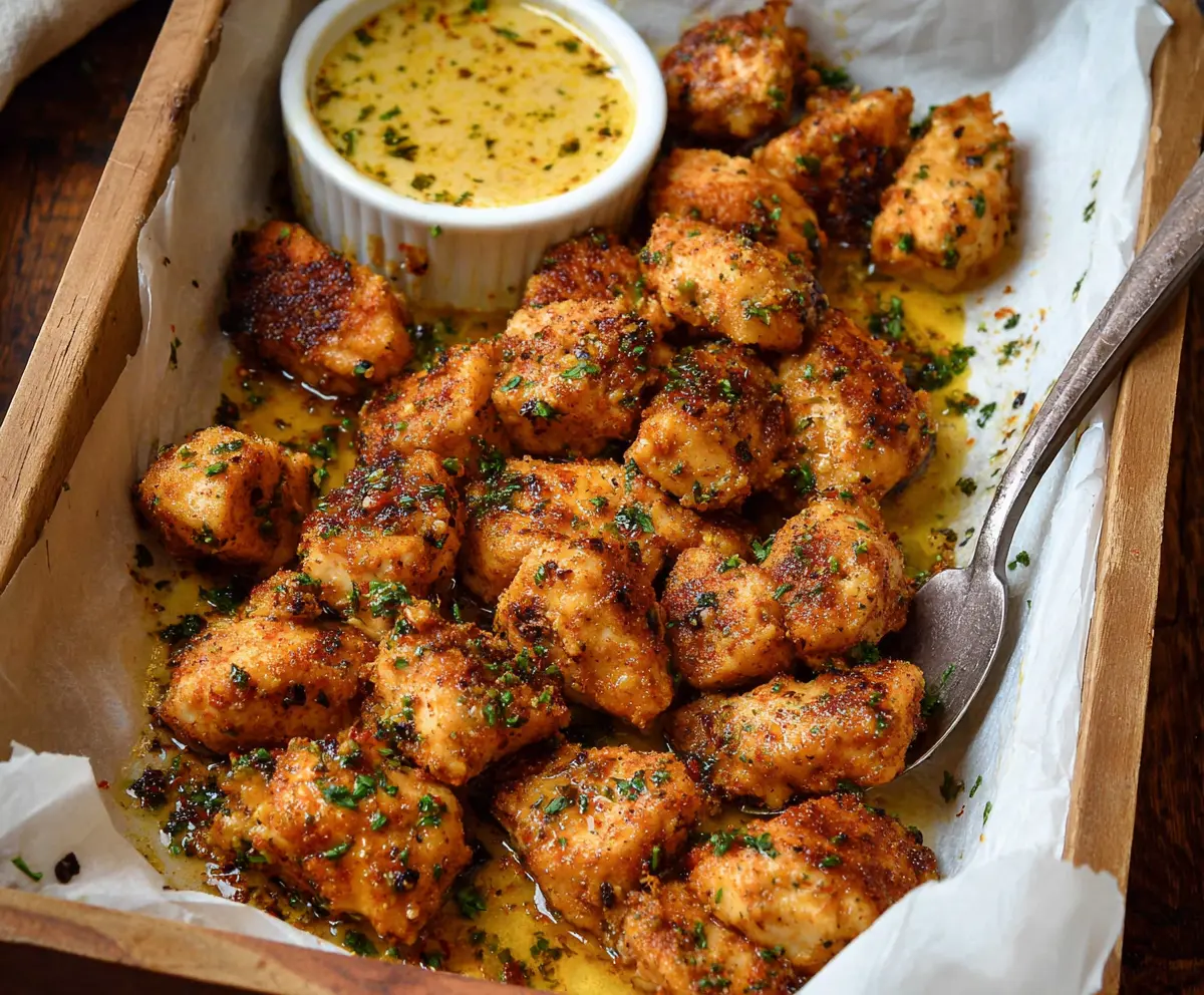 Juicy Cowboy Butter Chicken Bites served with herbs and spices on a rustic plate.