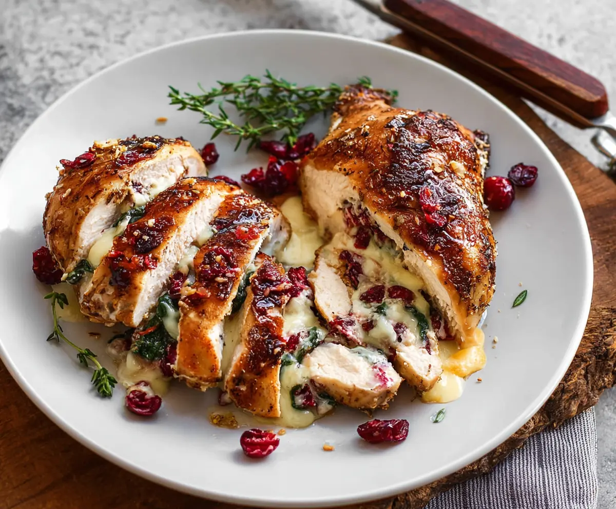 Cranberry Brie stuffed chicken breasts garnished with fresh herbs on a serving plate.