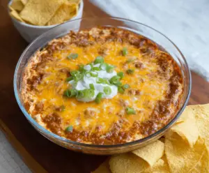 Cream Cheese Chili Dip served with tortilla chips, perfect for party appetizers.
