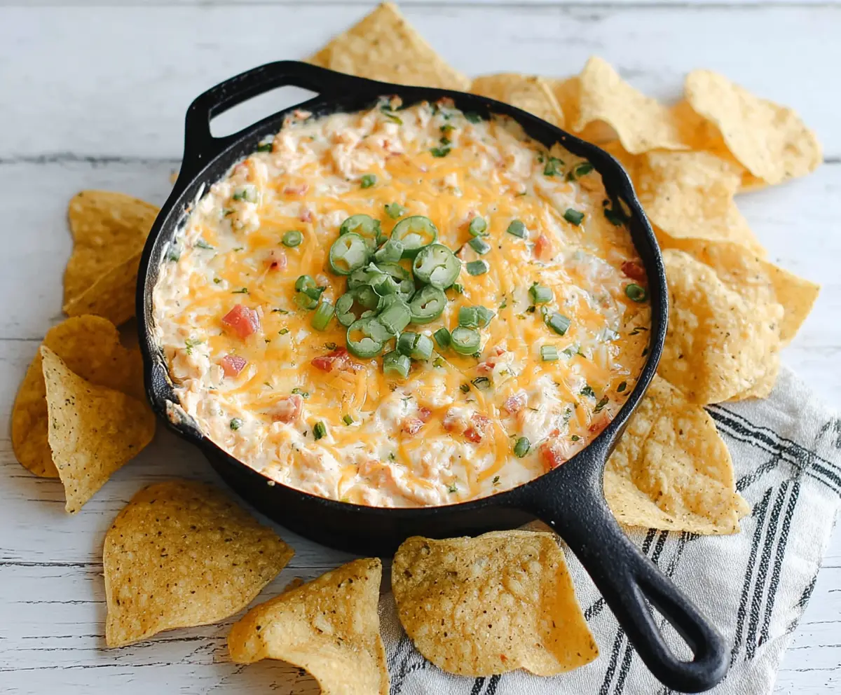 Cream Cheese Rotel Dip served with tortilla chips, perfect for parties and gatherings.