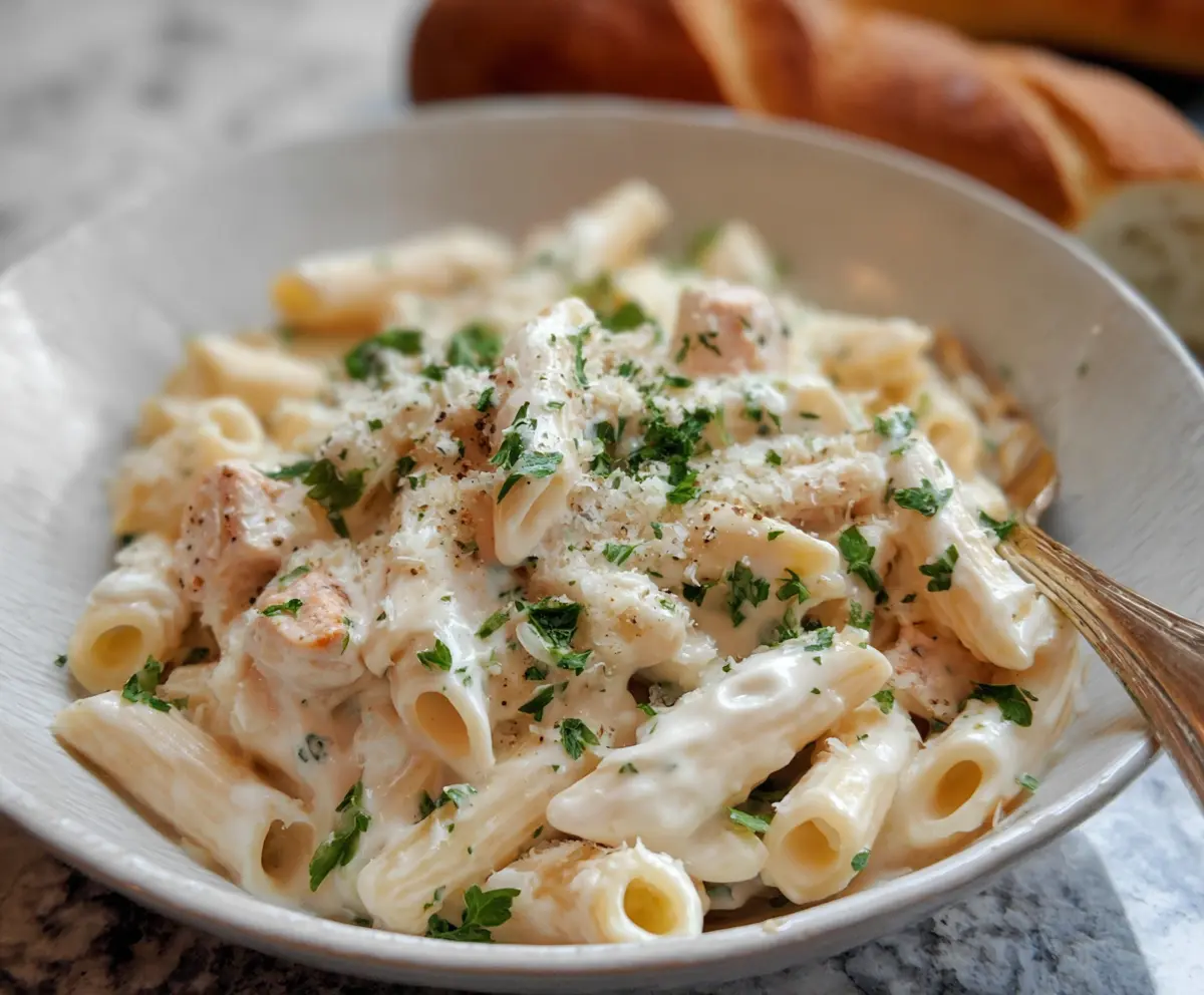 Creamy cottage cheese Alfredo sauce served over pasta, highlighting a smooth and rich Italian-inspired dish.
