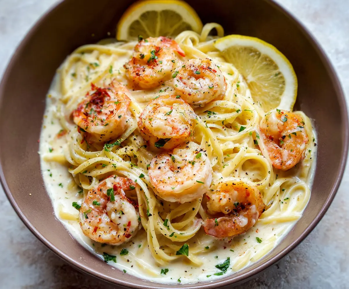 Creamy Lemon Shrimp Pasta served on a white plate, garnished with fresh herbs and lemon slices.