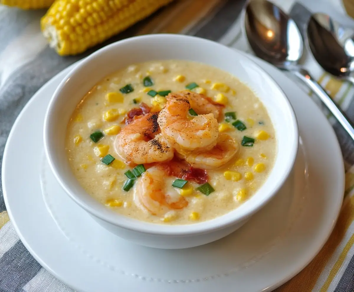 Delicious creamy shrimp and corn soup served in a bowl, garnished with fresh herbs.