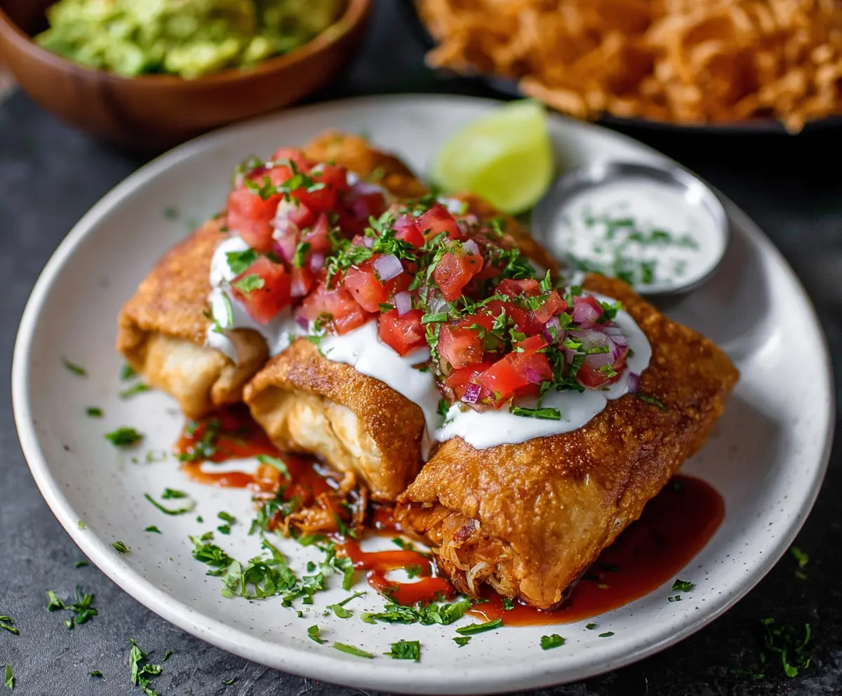 Crispy Chicken Chimichanga served with fresh toppings and dipping sauce
