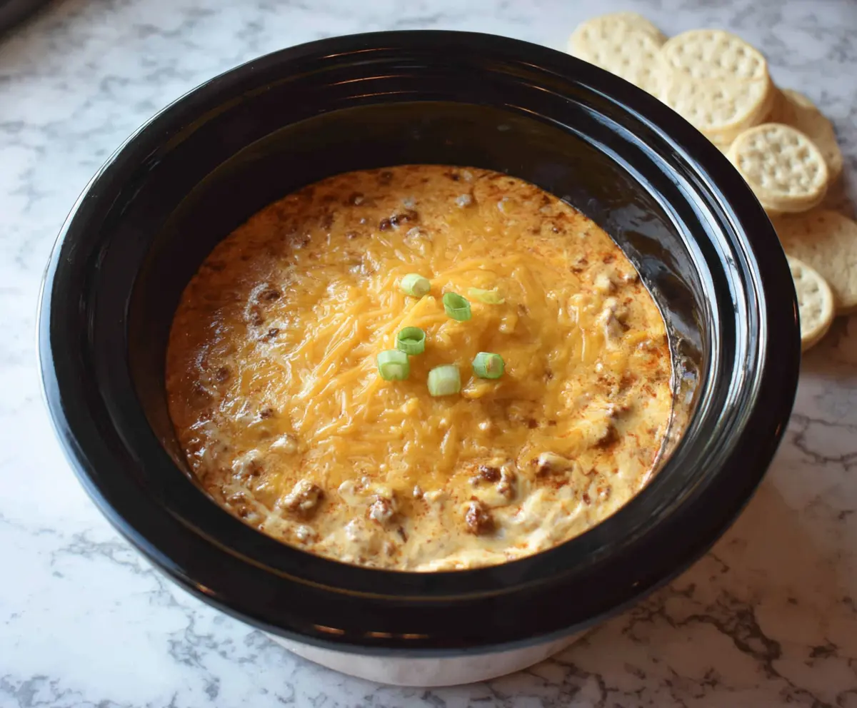 Creamy Crockpot Chili Cheese Dip served with tortilla chips, perfect for parties and snacks.