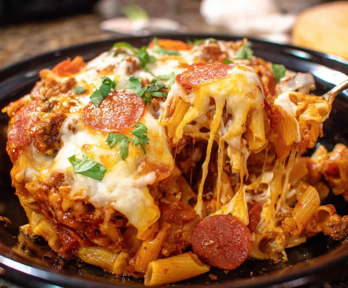 Delicious crockpot pizza casserole with melted cheese, pepperoni, and fresh herbs in a creamy tomato sauce.