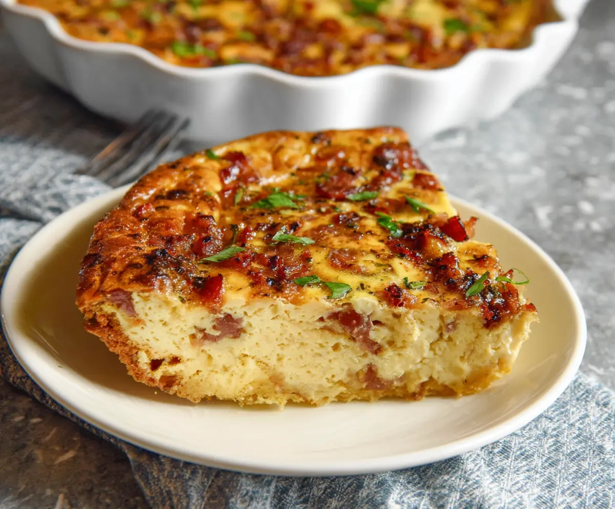 Delicious crustless bacon and cheese quiche on a plate, perfect for breakfast or brunch.
