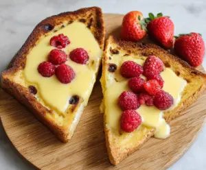 Creamy custard yogurt toast topped with fresh berries and honey for a delicious breakfast.