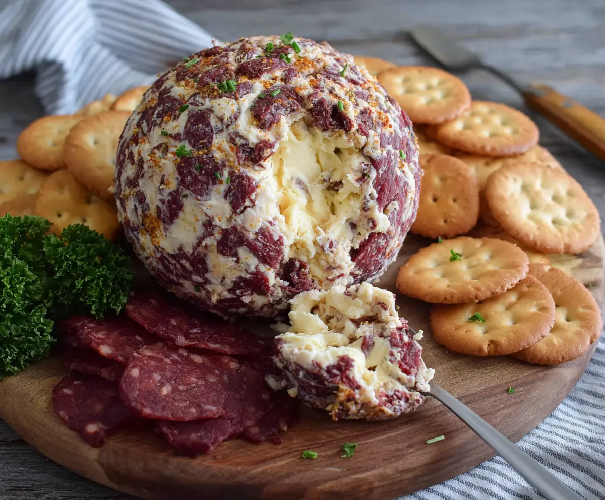 Delicious dried beef cheese ball with creamy cheese and savory toppings for appetizer or party snack