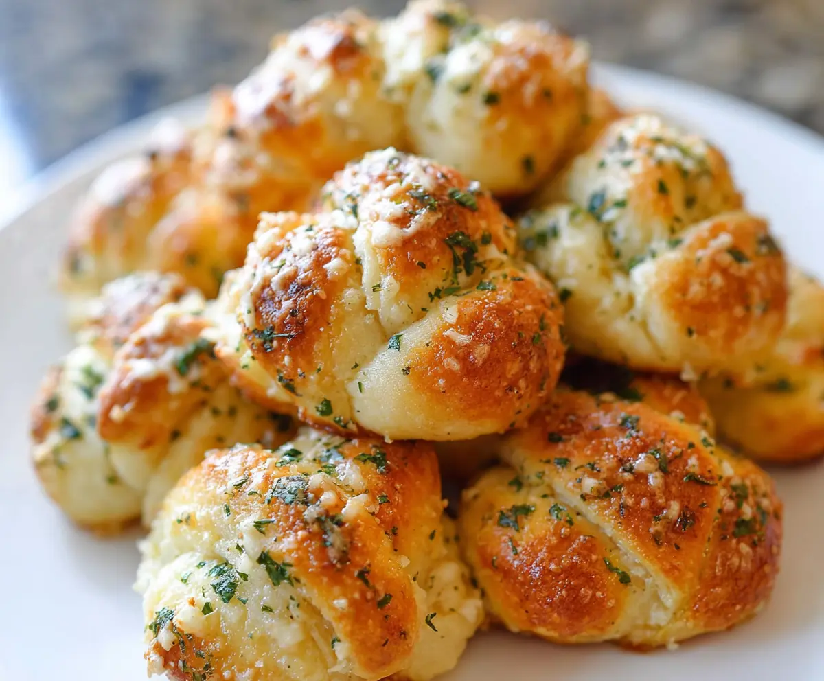 Savory garlic Parmesan knots on a plate, crispy and golden brown, perfect for appetizers or snacks.