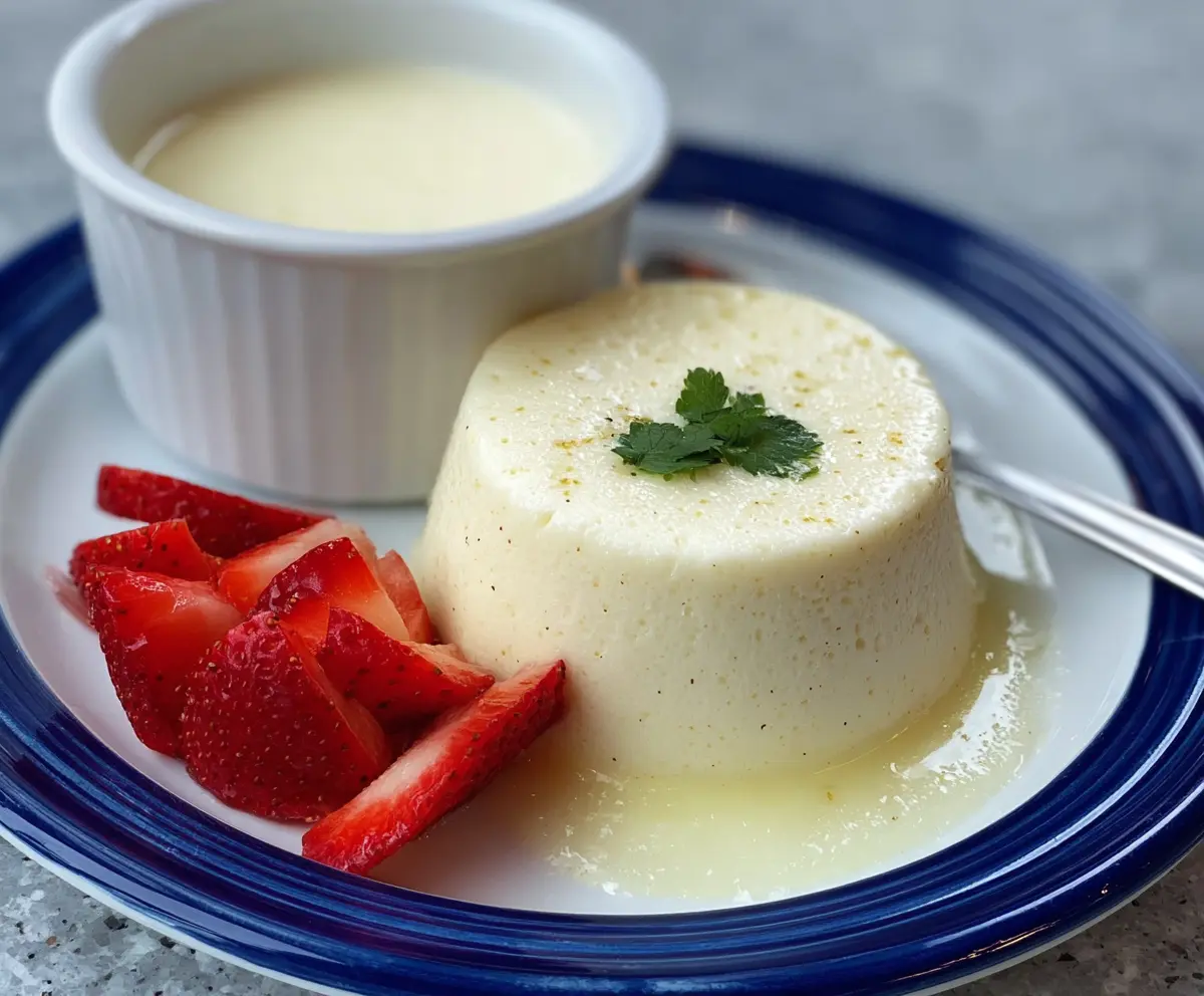 Creamy egg white pudding dessert served in a glass bowl with fresh fruit garnish.
