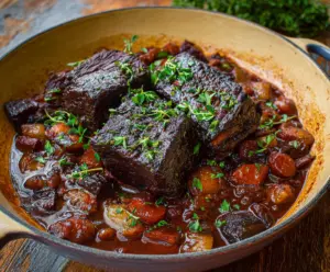 Delicious French style braised short ribs served with herbs and vegetables