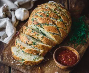 Freshly baked garlic and herb sourdough bread with a golden crust on a wooden cutting board.