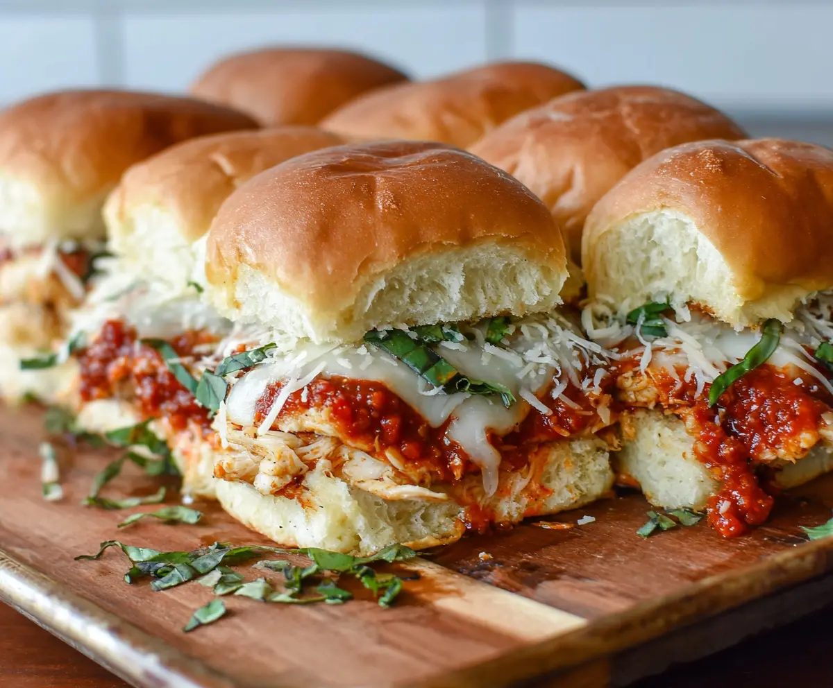 Delicious Garlic Chicken Parmesan Sliders garnished with fresh herbs for a savory appetizer.