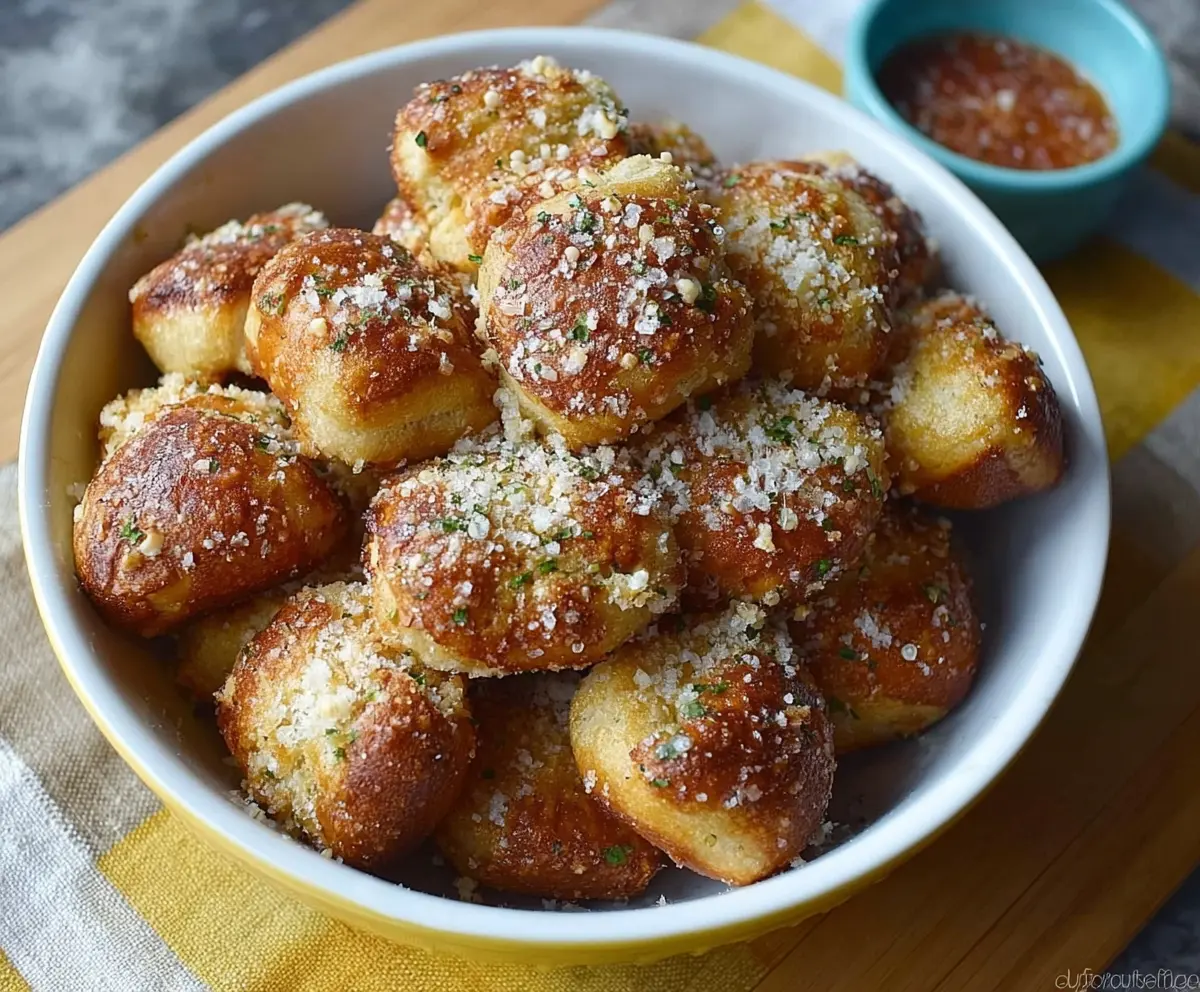 Golden Garlic Parmesan Pretzel Bites with melted cheese and fresh herbs on a rustic platter.