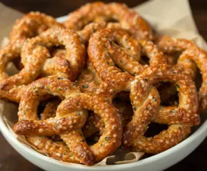 Crunchy garlic ranch pretzels with savory herbs in a bowl, perfect for snacking.