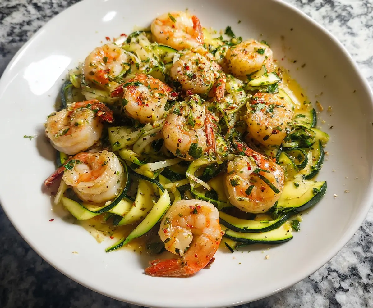 Delicious garlic shrimp with fresh zucchini in a colorful dish for healthy eating.