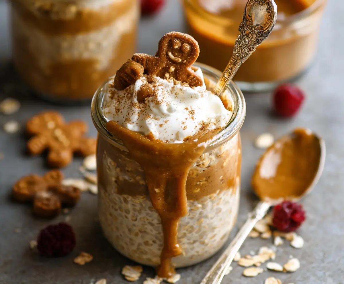 Delicious Gingerbread Overnight Oats in a glass jar topped with gingerbread spices and festive decorations.