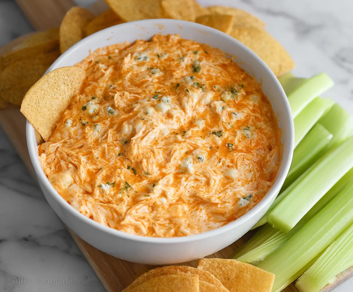 Creamy Greek yogurt buffalo chicken dip served in a bowl, topped with green onions and a side of celery sticks.
