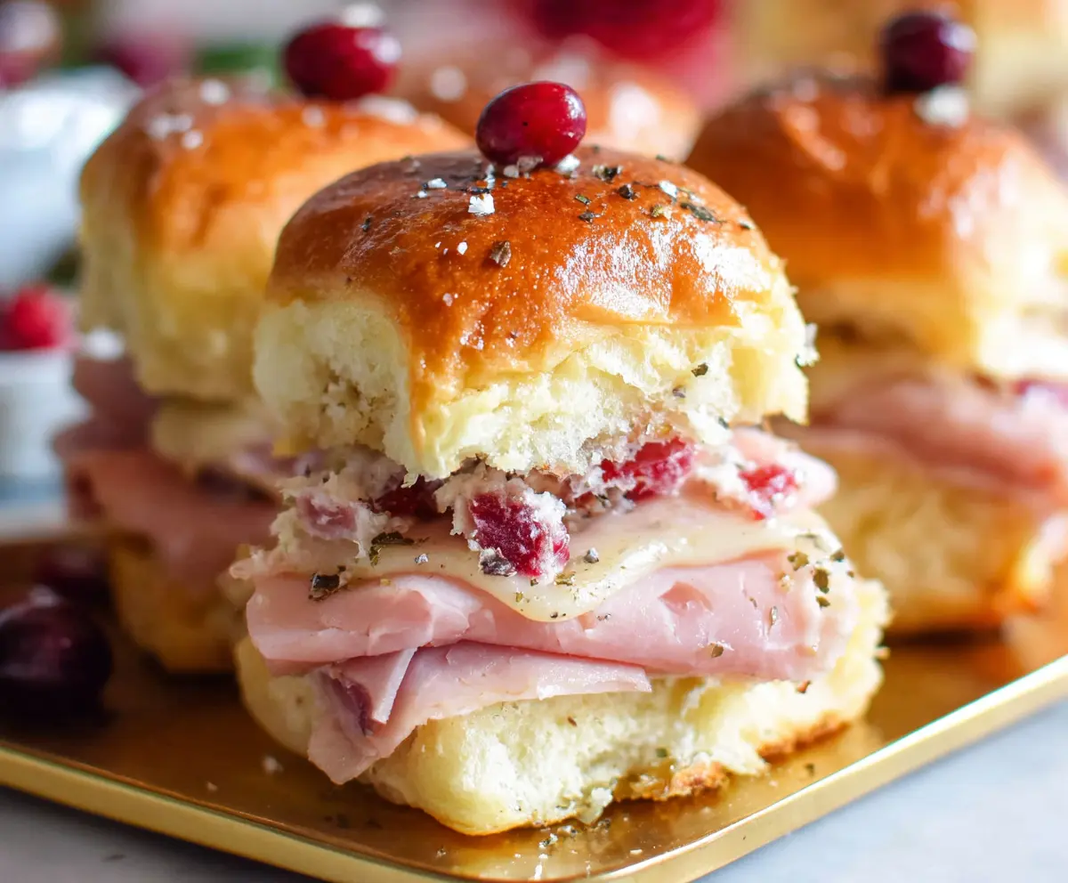 Delicious ham and cranberry sliders on a plate, perfect for snacks and gatherings.