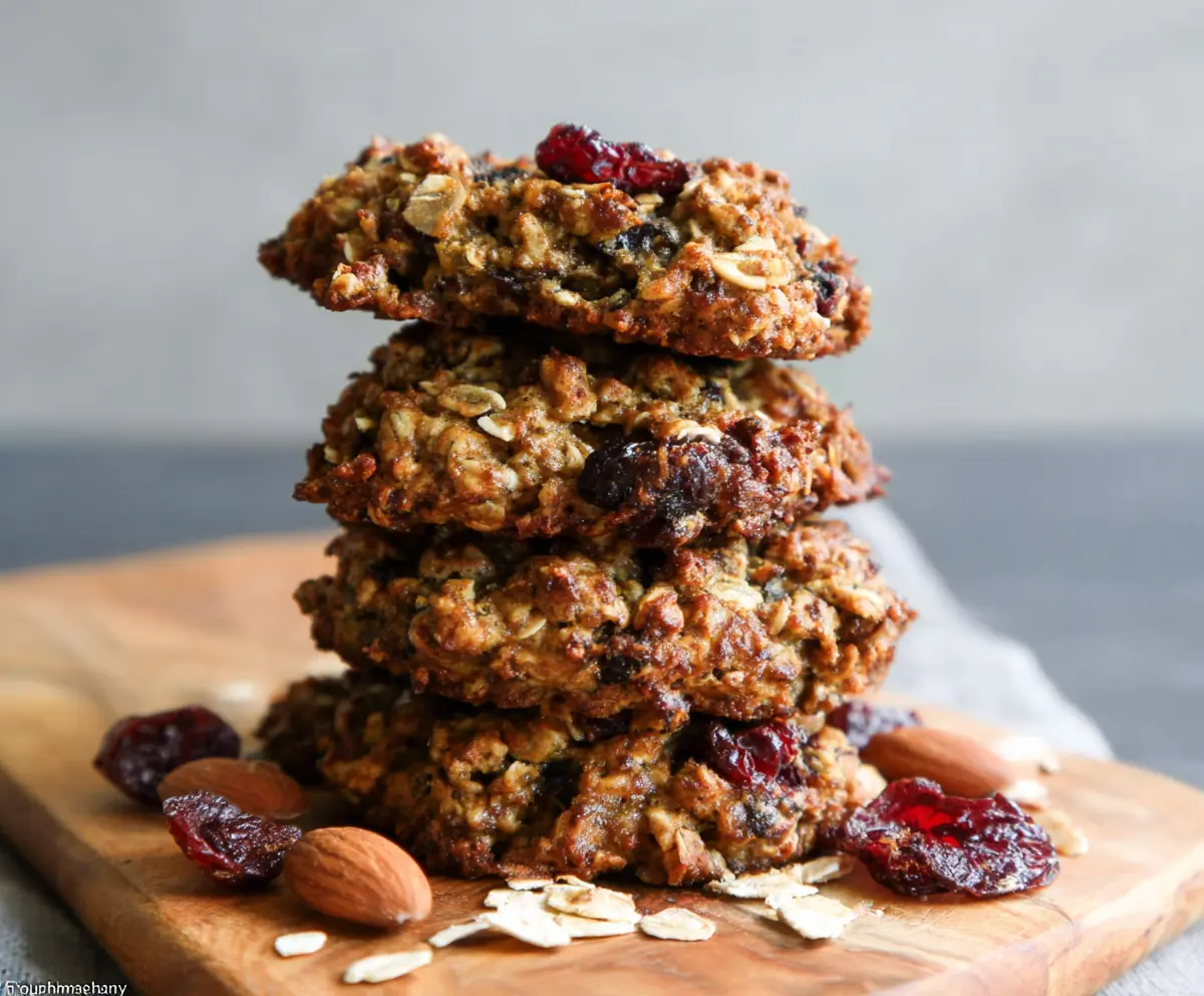 Healthy Breakfast Cookies with oats, nuts, and dried fruits in a glass jar