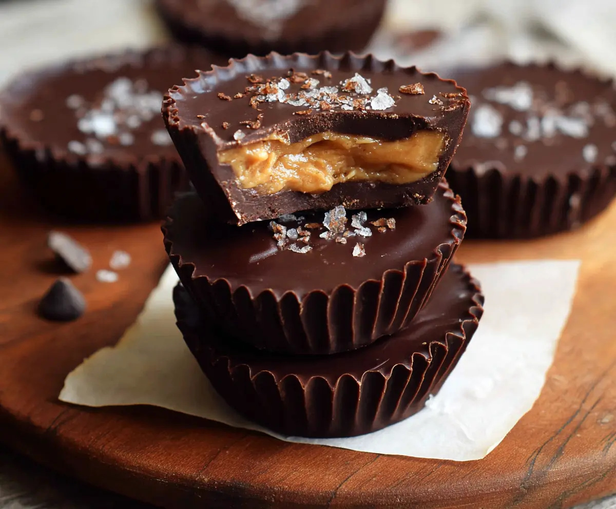 Healthy dark chocolate peanut butter cups on a plate, showcasing a nutritious and indulgent treat.