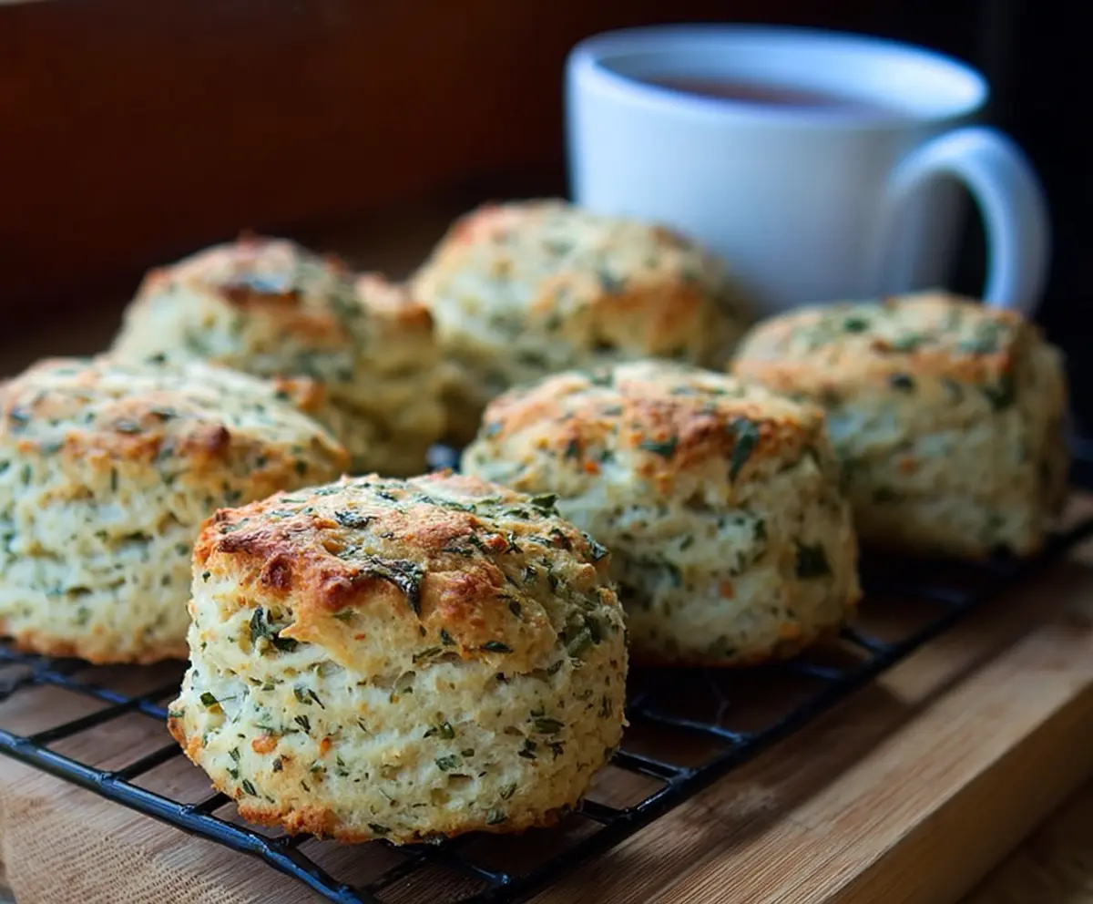 Herbed cottage cheese biscuits fresh out of the oven, golden and flaky with herbs.