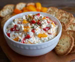 High protein cottage cheese giardiniera dip served with fresh vegetables for a healthy snack