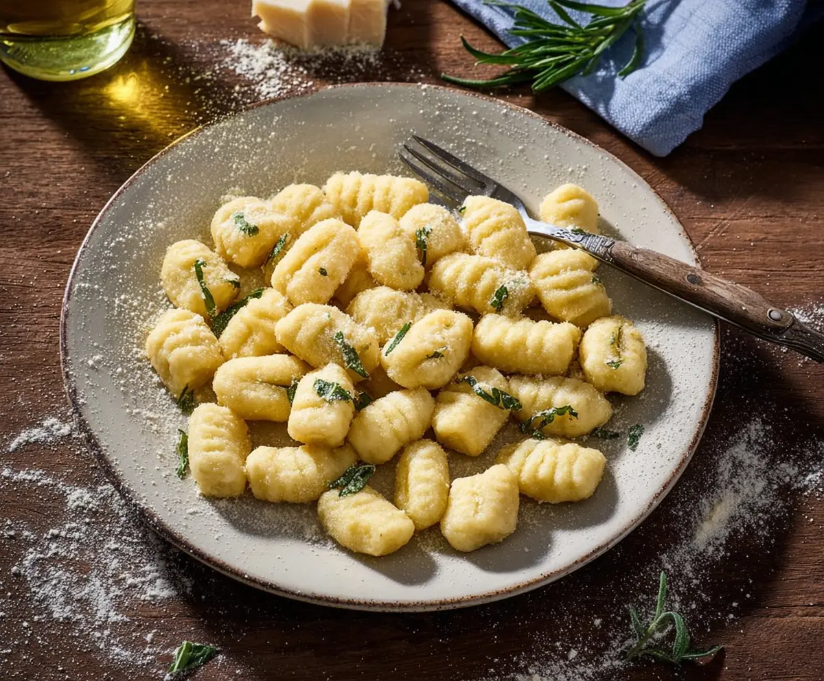 Homemade potato gnocchi on a rustic wooden table with fresh herbs.