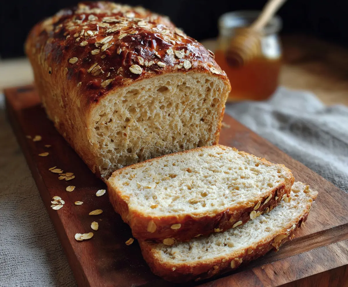 Crusty Honey Oat Sourdough Sandwich Bread on a wooden cutting board ready for slicing.