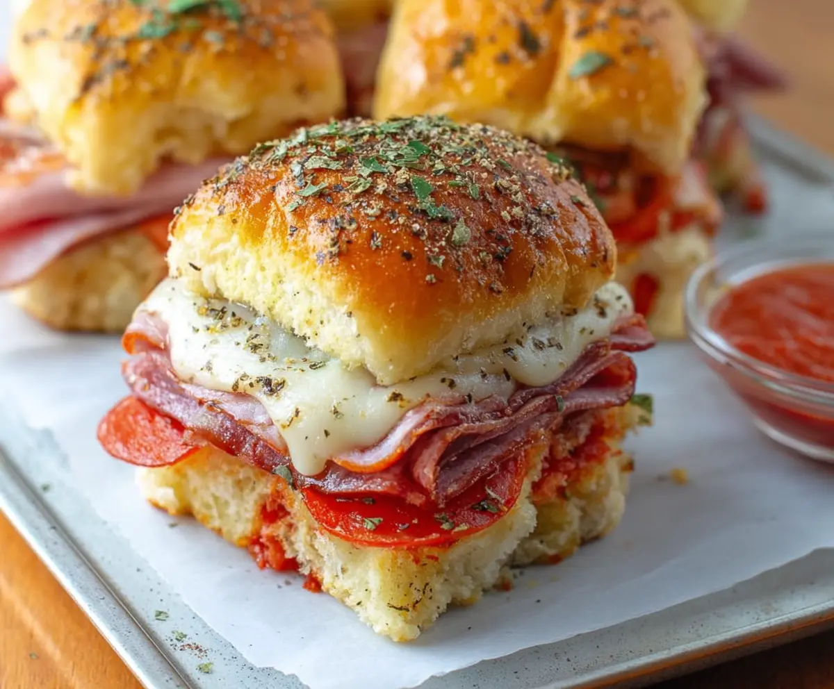 Delicious hot Italian sub sliders topped with melted cheese and savory deli meats, perfect for parties and gatherings.